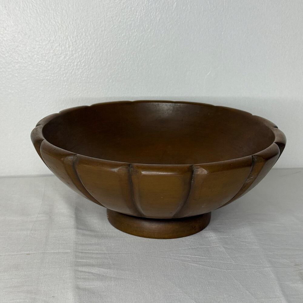 Brown Wood Pedestal Bowl Footed Carved Rustic Primitive Table Decor